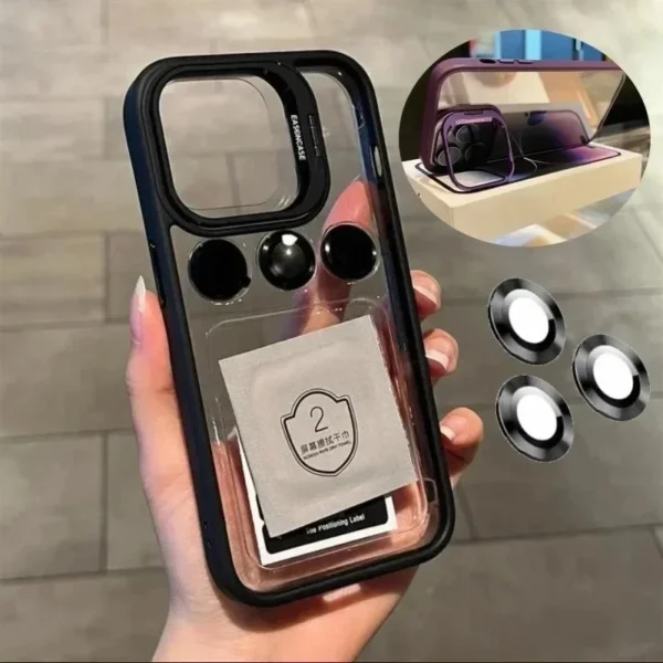 Luxury Bracket Transparent Phone Case With Camera Lens Protector