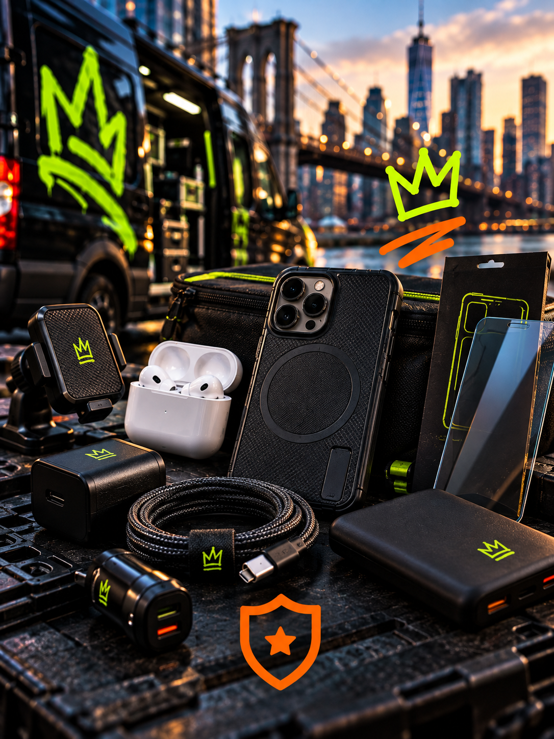 urban tech gear at golden hour